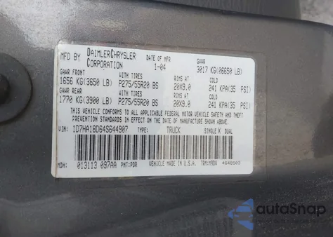 2004 Dodge Ram 1500 Slt/Laramie из США, поврежденный, VIN 1D7HA18D64S644907